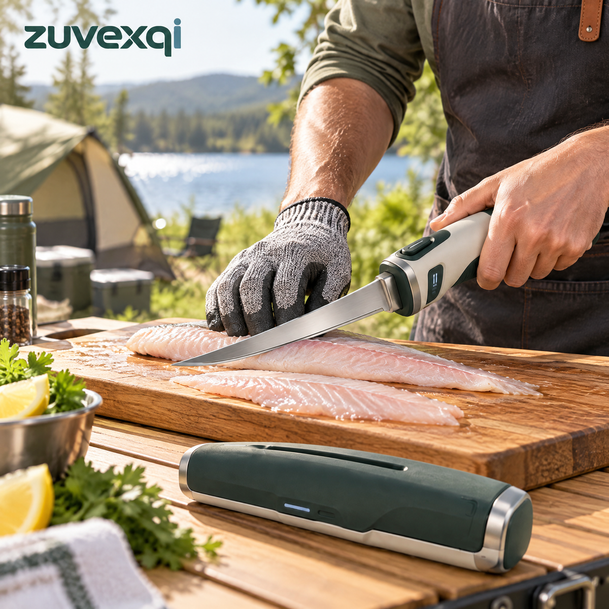 zuvexqi FilletFlow Rechargeable Electric Fillet Knife Set — in-use setting