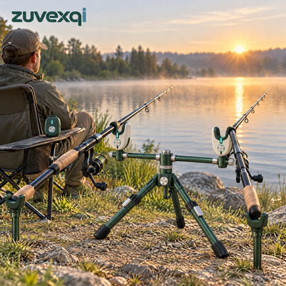 zuvexqi BiteWatch Folding Bite-Alarm Rod Stand Set — in-use setting