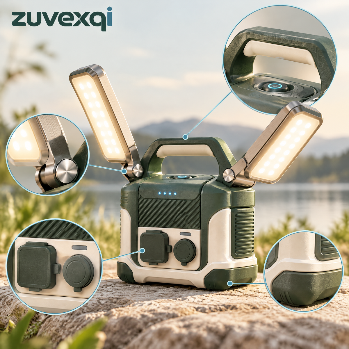 zuvexqi DockVolt Folding Fishing Work Light & Power Station — design details