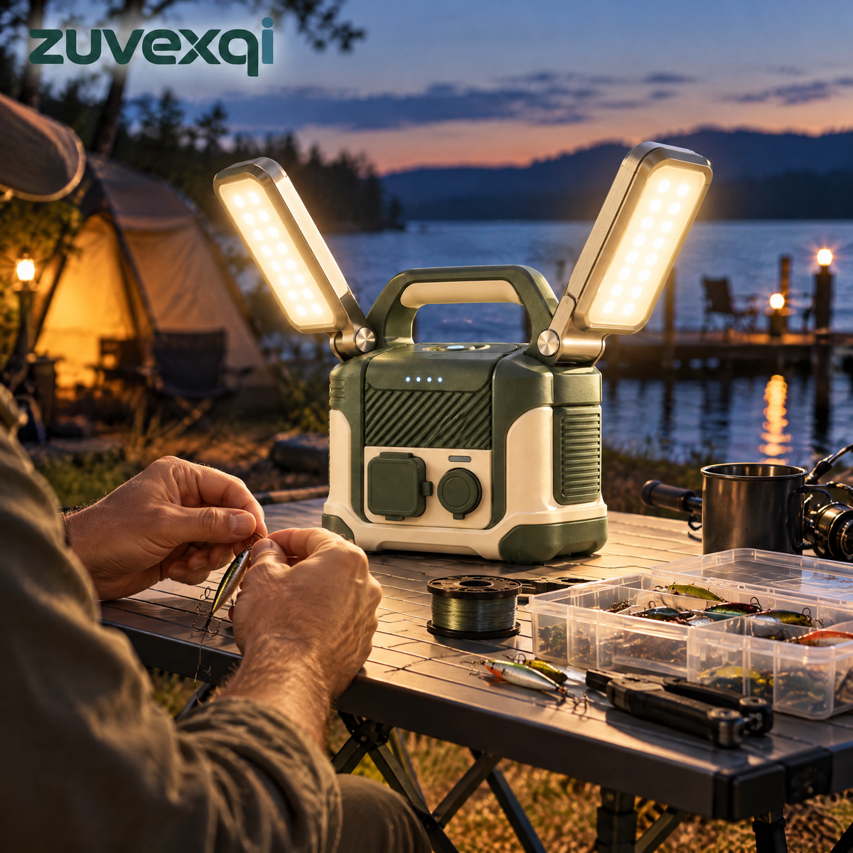 zuvexqi DockVolt Folding Fishing Work Light & Power Station — in-use setting