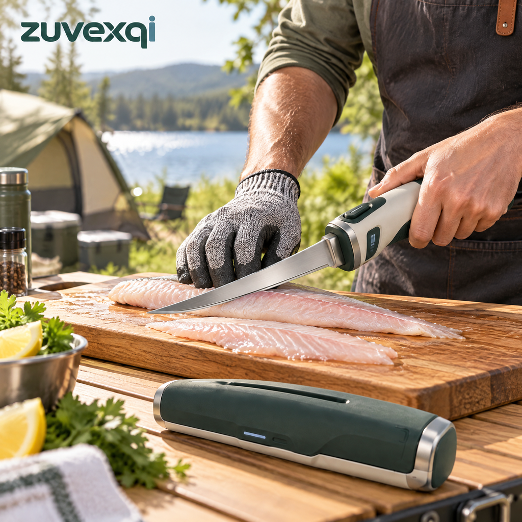 zuvexqi FilletFlow Rechargeable Electric Fillet Knife Set — in-use setting