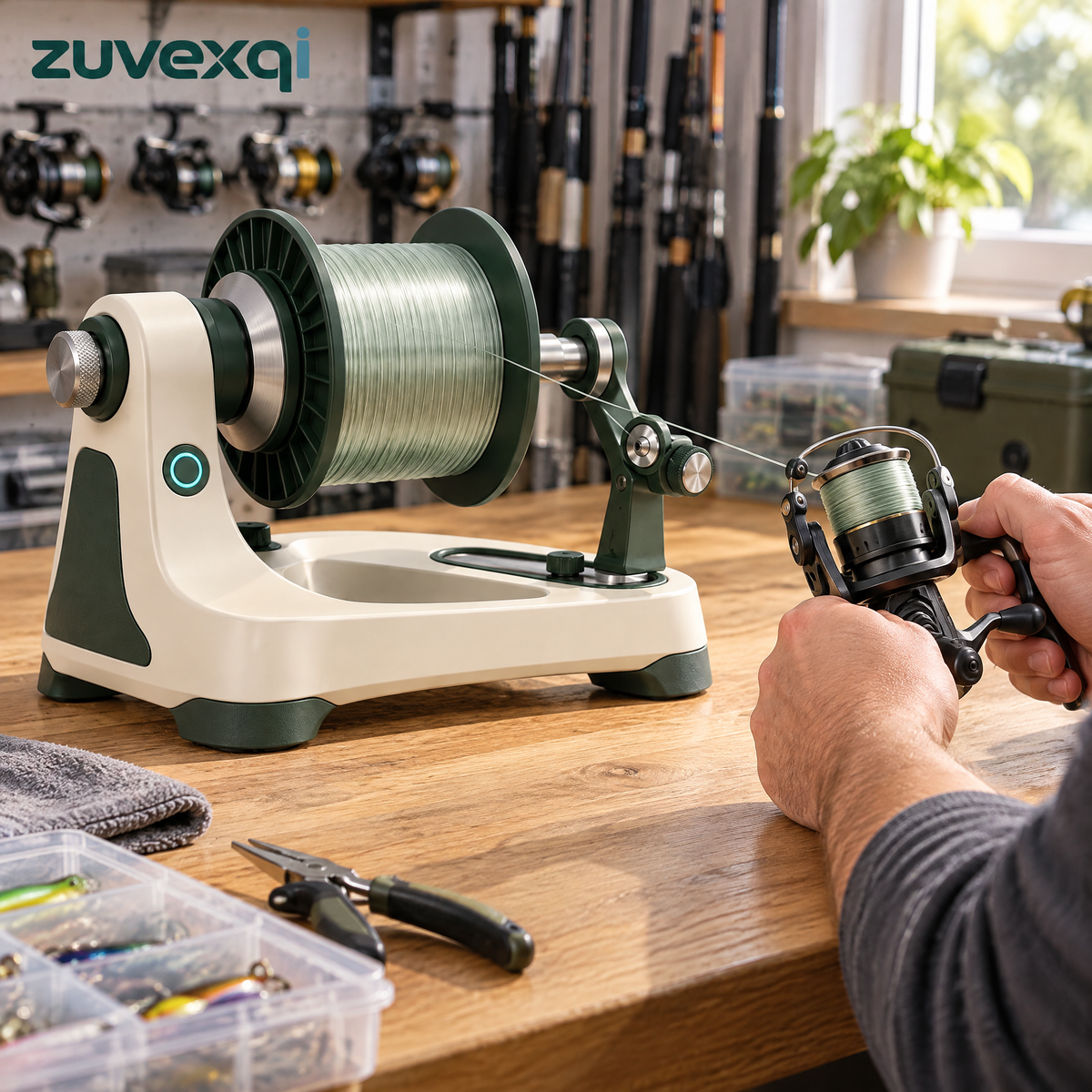 zuvexqi LineForge Electric Fishing Line Spooling Station — in-use setting