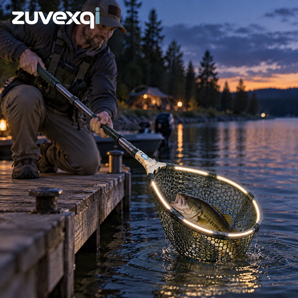 zuvexqi LumaNet Illuminated Folding Landing Net — in-use setting