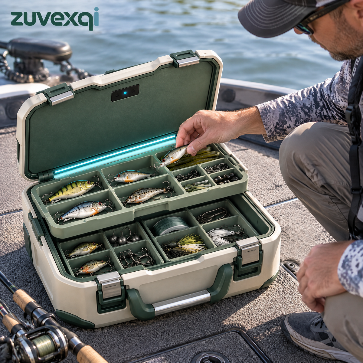 zuvexqi TackleNest Illuminated Modular Fishing Tackle Box — in-use setting